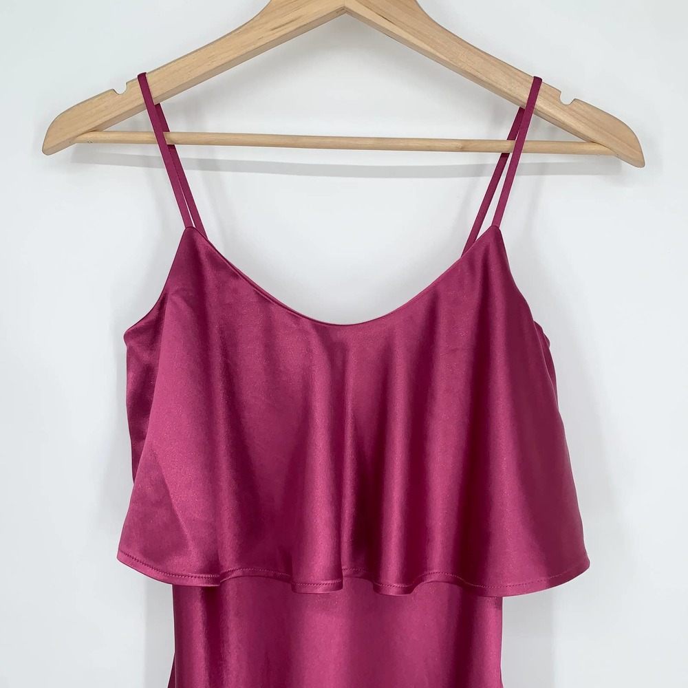 NWT Nadine Merabi Alice Midi Dress in Berry Ruffle Overlay Satin Slip Dress Pink - Picture 4 of 10